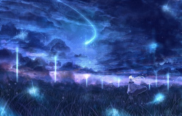 Anime picture 1210x770 with original bounin single long hair fringe standing sky cloud (clouds) white hair back shooting star girl dress plant (plants) star (stars) grass