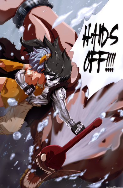 Anime picture 1100x1678 with fairy tail gajeel redfox levy mcgarden enara123 long hair tall image short hair open mouth black hair holding blue hair inscription teeth tattoo coloring torn clothes underwater muscle angry clenched teeth