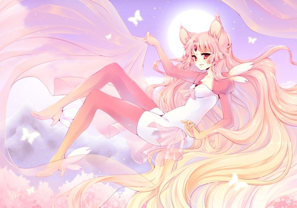 Anime picture 1500x1050 with original kishishiotani single blonde hair smile red eyes animal ears pink hair very long hair multicolored hair sunlight two-tone hair gradient hair girl thighhighs insect butterfly sun