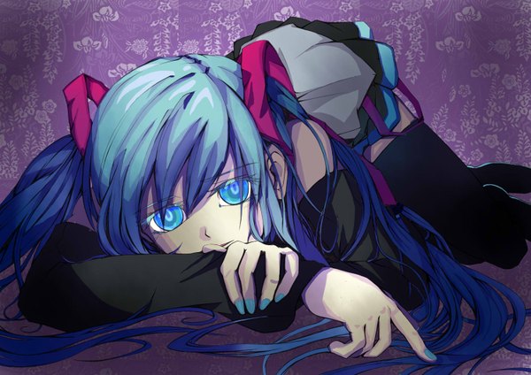 Anime picture 1500x1062 with vocaloid hatsune miku katsupo single long hair looking at viewer fringe twintails blue hair lying nail polish aqua eyes girl thighhighs uniform ribbon (ribbons) black thighhighs hair ribbon school uniform detached sleeves