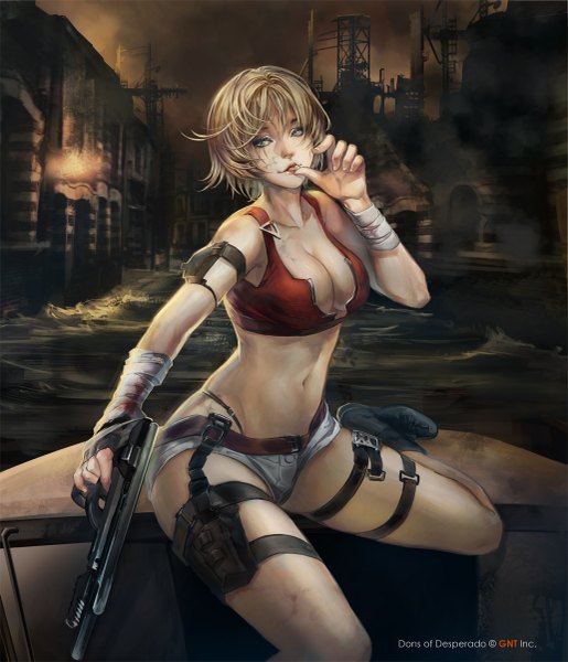 Anime picture 1031x1200 with dons of desperado (game) claparo-sans tall image short hair breasts blue eyes light erotic blonde hair sitting looking away cleavage inscription finger to mouth licking river girl gloves navel weapon shorts