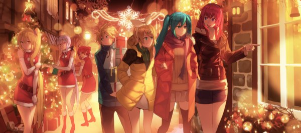 Anime picture 1500x665 with vocaloid utau hatsune miku megurine luka kagamine rin kagamine len yowane haku kasane teto akita neru jandy long hair short hair blue eyes blonde hair red eyes wide image standing purple eyes twintails multiple girls