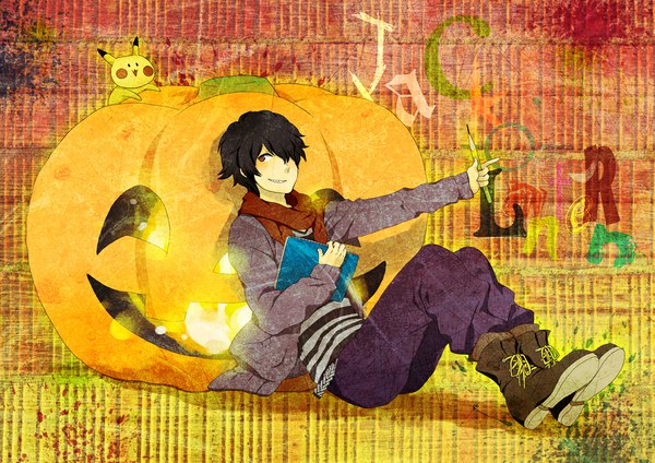 Anime picture 1168x826 with pokemon nintendo nico nico douga nico nico jikkyou pikachu jack o lantan momoiro oji single fringe short hair black hair red eyes hair over one eye halloween gen 1 pokemon animal scarf vegetables jack-o'-lantern pumpkin