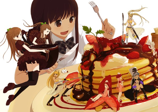 Anime picture 1680x1195 with original kokudou juunigou black hair red eyes minigirl girl bow food sweets fruit cake chocolate fork spoon pancake (pancakes)