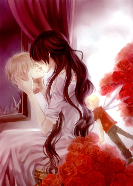 Anime picture 2334x3273 with lumie`re & ombres (artbook) long hair tall image highres short hair blonde hair brown hair sitting elf kiss hair over eyes fairy amputee guro girl dress boy flower (flowers) wings rose (roses)