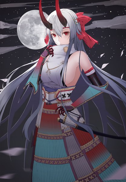 Anime picture 1500x2162 with fate (series) fate/grand order tomoe gozen (fate) kim jin (tmxhfl4490) single long hair tall image fringe breasts light erotic hair between eyes red eyes standing bare shoulders silver hair cloud (clouds) full body traditional clothes japanese clothes horn (horns)