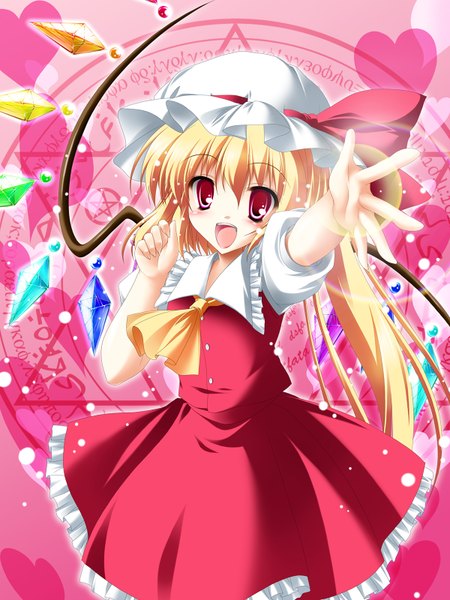 Anime picture 1200x1600 with touhou flandre scarlet kamiya tomoe tall image open mouth blonde hair red eyes girl dress skirt bow hat wings heart skirt set