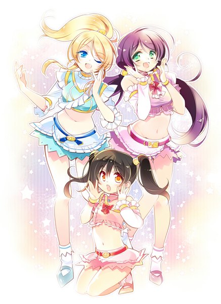 Anime picture 800x1097 with love live! school idol project sunrise (studio) love live! yazawa nico toujou nozomi ayase eli komowata haruka long hair tall image blush short hair open mouth blue eyes black hair blonde hair smile twintails bare shoulders multiple girls green eyes