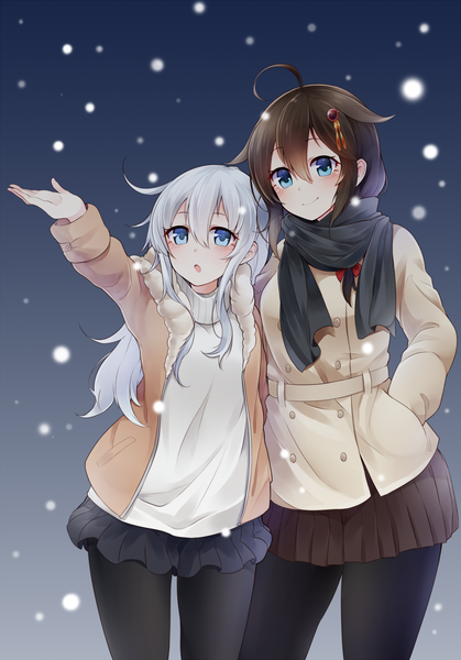 Anime picture 1500x2149 with kantai collection hibiki destroyer shigure destroyer suruga (xsurugax) long hair tall image looking at viewer fringe blue eyes smile hair between eyes brown hair multiple girls ahoge white hair pleated skirt arm up snowing hands in pockets girl