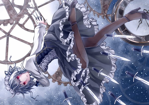 Anime picture 1414x1000 with touhou izayoi sakuya miyakure short hair red eyes silver hair braid (braids) maid twin braids girl headdress maid headdress clock knife pocket watch gears