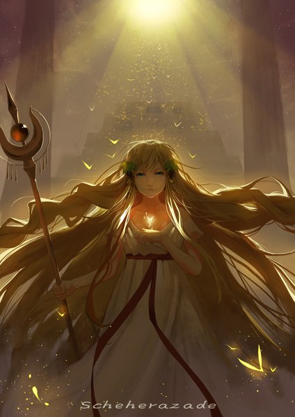 Anime picture 2480x3508 with magi the labyrinth of magic a-1 pictures scheherazade (magi) exe336 single tall image looking at viewer fringe highres blue eyes blonde hair holding very long hair character names outstretched arm glow girl dress hair ornament ribbon (ribbons)