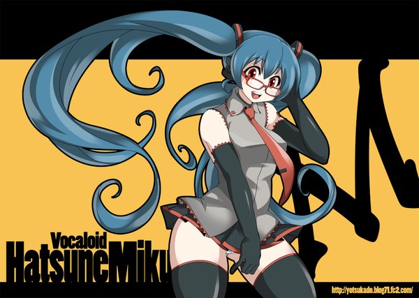 Anime picture 1656x1181 with vocaloid hatsune miku yajirushi kaku single long hair open mouth smile red eyes twintails bare shoulders aqua hair bespectacled girl thighhighs skirt gloves black thighhighs miniskirt glasses necktie