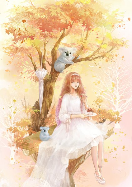 Anime picture 835x1181 with wallace (artist) single long hair tall image looking at viewer fringe open mouth brown hair sitting holding yellow eyes pink hair autumn closed umbrella girl dress plant (plants) animal tree (trees) food