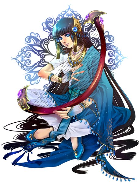 Anime picture 1000x1307 with rg veda clamp kendappa-ou yukina (artist) single tall image blue eyes black hair simple background white background sitting blue hair very long hair outline girl gloves hair ornament flower (flowers) bracelet jewelry