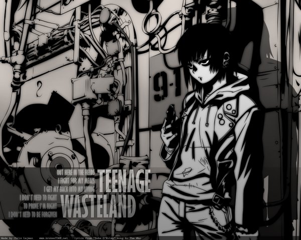 Anime picture 1280x1024 with black lagoon madhouse tagme (character) single short hair black hair signed inscription piercing monochrome vector boy hoodie