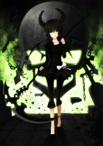 Anime picture 1000x1414 with black rock shooter dead master single long hair tall image looking at viewer black hair smile green eyes horn (horns) black wings girl dress black dress cross skull scythe