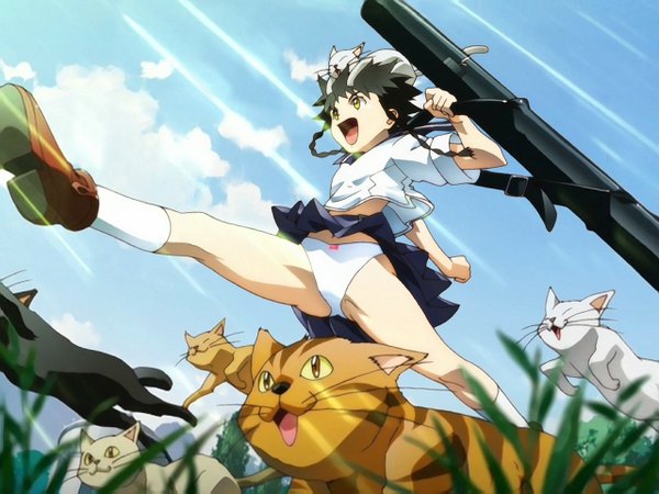 Anime picture 1280x960 with mai hime sunrise (studio) minagi mikoto single fringe short hair open mouth black hair smile holding yellow eyes looking away sky cloud (clouds) outdoors braid (braids) pleated skirt sunlight short sleeves pantyshot