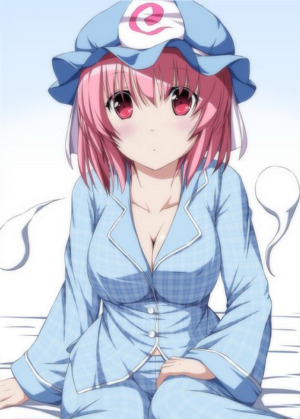 Anime picture 758x1058 with touhou saigyouji yuyuko nori tamago single tall image looking at viewer blush short hair pink hair pink eyes ghost girl bonnet pajamas