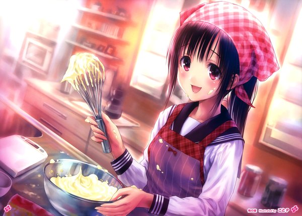 Anime picture 5030x3600 with girls, girls, girls! 11 (artbook) goto p single long hair blush highres open mouth black hair smile red eyes absurdres ponytail scan official art cooking girl uniform serafuku apron cream