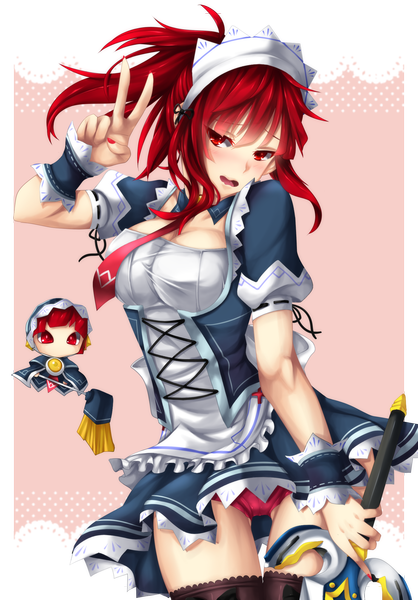 Anime picture 1525x2190 with elsword elesis (elsword) fi-san single long hair tall image looking at viewer blush breasts light erotic red eyes cleavage ponytail red hair nail polish light smile maid victory girl thighhighs