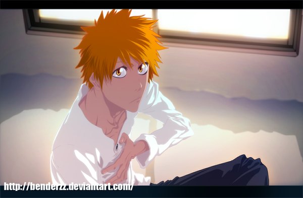 Anime picture 1100x722 with bleach studio pierrot kurosaki ichigo benderzz single short hair from above sunlight orange hair orange eyes coloring boy window pants