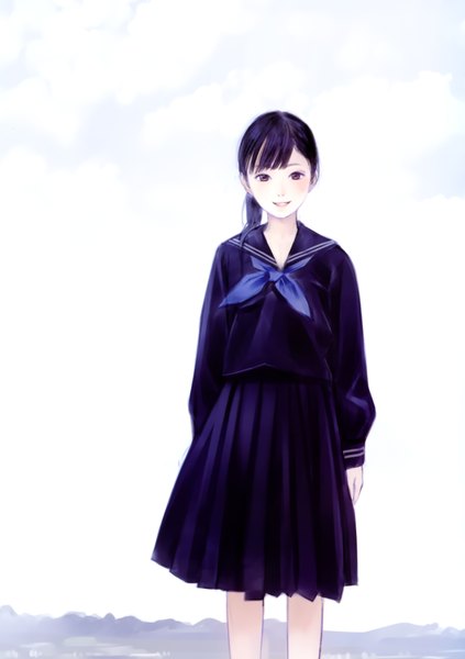 Anime picture 2432x3448 with original traditional white (artbook) kishida mel single tall image looking at viewer blush highres short hair black hair smile standing white background brown eyes ponytail girl skirt shirt serafuku