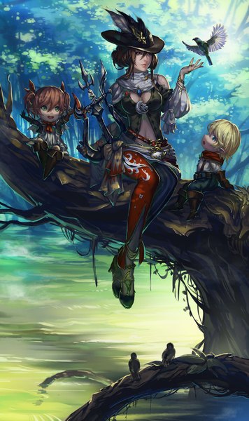 Anime picture 1000x1683 with final fantasy xiv tagme (character) madyy long hair tall image short hair blue eyes blonde hair brown hair sitting twintails multiple girls green eyes pointy ears tree sitting girl boy navel 2 girls plant (plants)