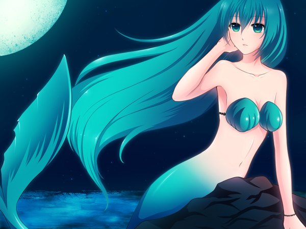 Anime picture 1600x1200 with vocaloid hatsune miku fukufuku (artist) single long hair aqua eyes aqua hair night girl moon mermaid