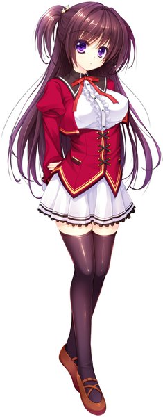 Anime picture 450x1146 with original tanukou single long hair tall image looking at viewer black hair white background purple eyes zettai ryouiki girl thighhighs dress uniform black thighhighs school uniform