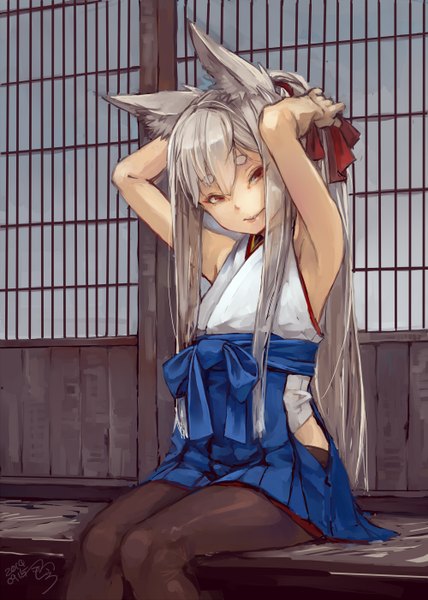 Anime picture 1000x1402 with original suzuno (bookshelf) single long hair tall image looking at viewer red eyes sitting signed animal ears silver hair traditional clothes japanese clothes fox ears fox girl girl ribbon (ribbons) hair ribbon pantyhose