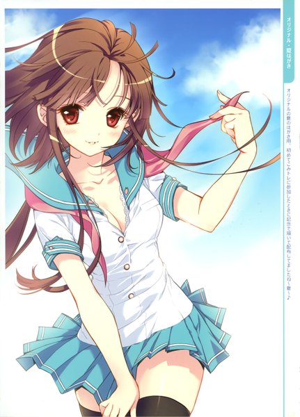 Anime picture 2171x3024 with original shirahane nao single long hair tall image looking at viewer blush highres breasts open mouth smile red eyes brown hair sky cloud (clouds) pleated skirt wind sunlight scan open collar