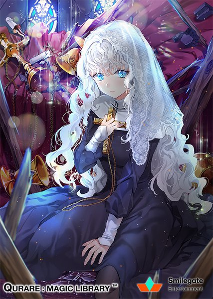 Anime picture 640x899 with qurare: magic library pierre l'ermite ice (ice aptx) single long hair tall image fringe breasts blue eyes sitting looking away white hair indoors sparkle wavy hair nun broken girl dress uniform