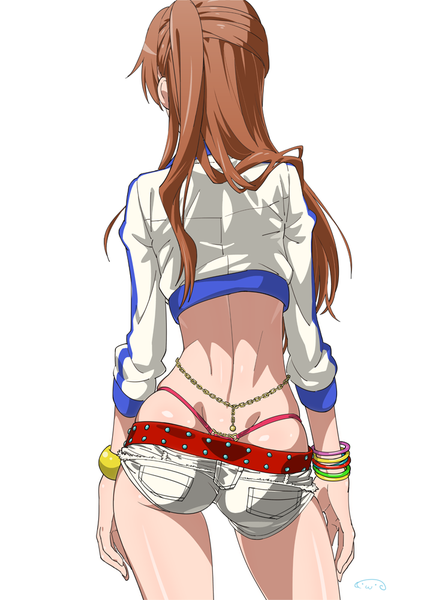 Anime picture 707x1000 with chuunibyou demo koi ga shitai! kyoto animation nibutani shinka suna (artist) single long hair tall image light erotic simple background brown hair white background ass from behind midriff one side up back girl underwear panties jacket