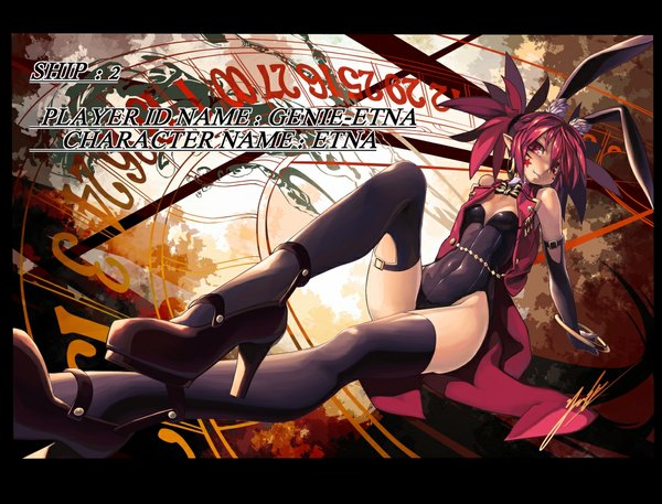 Anime picture 1050x800 with disgaea etna (disgaea) etna (artist) single short hair light erotic red eyes animal ears red hair bunny ears legs girl thighhighs gloves black thighhighs elbow gloves shoes bunnysuit