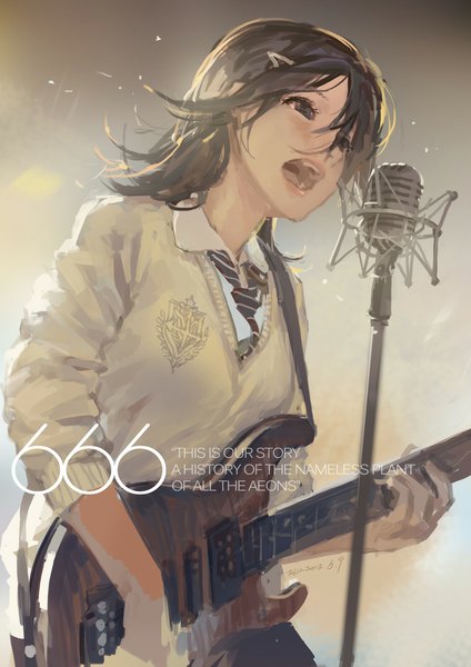 Anime picture 744x1052 with original hjl single long hair tall image open mouth brown hair brown eyes signed looking away inscription singing girl uniform hair ornament school uniform shirt necktie bobby pin sweater
