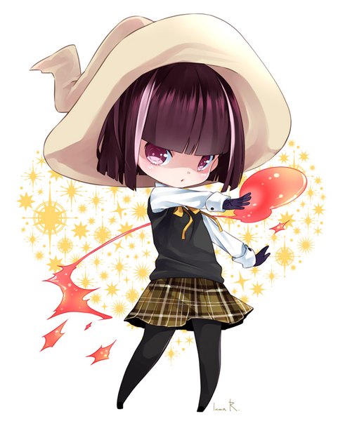 Anime picture 650x810 with original inma r. single tall image looking at viewer blush short hair open mouth simple background white background purple eyes signed purple hair full body blunt bangs :o magic plaid skirt chibi witch