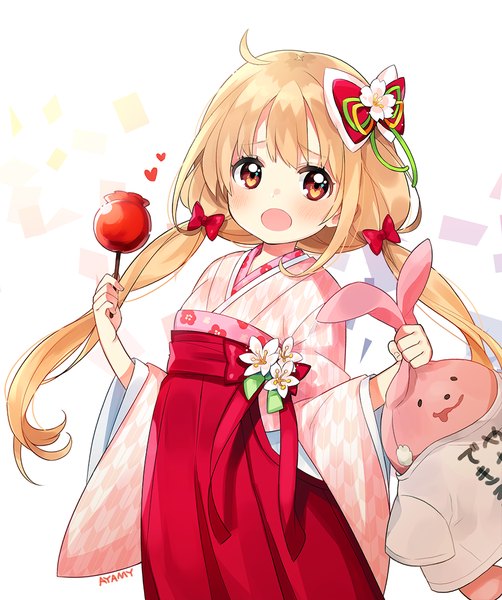 Anime picture 900x1076 with idolmaster idolmaster cinderella girls futaba anzu ayami (annahibi) single long hair tall image blush fringe open mouth blonde hair white background twintails holding brown eyes signed looking away ahoge traditional clothes japanese clothes