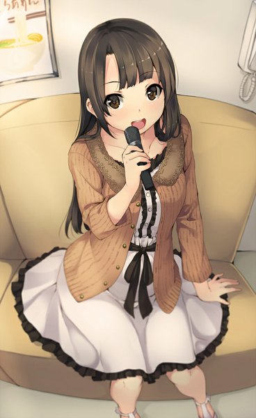 Anime picture 613x1000 with original unasaka ryou single long hair tall image looking at viewer open mouth black hair sitting brown eyes girl dress sweater couch microphone