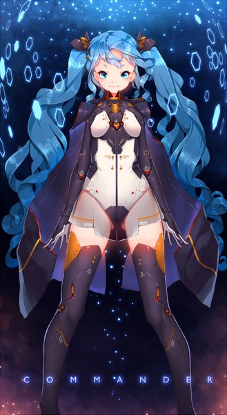 Anime picture 1100x2007 with original fangxiang cuoluan single long hair tall image looking at viewer blush light erotic smile twintails blue hair long sleeves inscription text wavy hair english mechanical mechanical wings girl wings