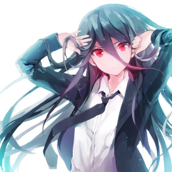 Anime picture 800x800 with dangan ronpa super dangan ronpa 2 kamukura izuru koshika rina single long hair looking at viewer fringe black hair hair between eyes red eyes white background multicolored hair arms up gradient hair shirt necktie white shirt