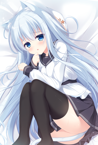 Anime picture 1084x1591 with kantai collection hibiki destroyer verniy destroyer tomoo (tomo) single tall image looking at viewer blush open mouth blue eyes light erotic animal ears blue hair tail very long hair animal tail cat ears cat girl cat tail hammer and sickle