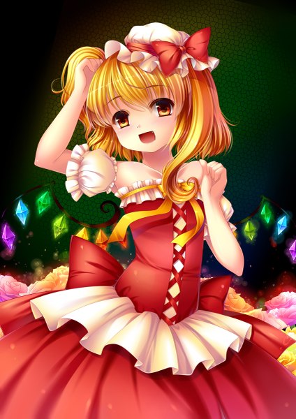 Anime picture 849x1200 with touhou flandre scarlet grandia bing single tall image looking at viewer short hair open mouth blonde hair red eyes loli girl dress flower (flowers) bow wings frills bonnet crystal