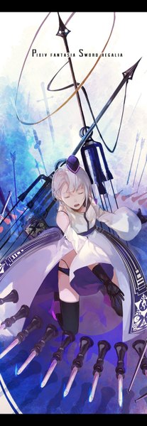 Anime picture 500x1446 with original pixiv fantasia pixiv fantasia sword regalia nineo single tall image short hair open mouth light erotic silver hair eyes closed from above copyright name forehead mark girl thighhighs gloves underwear panties weapon