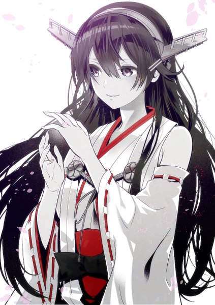 Anime picture 874x1240 with kantai collection haruna battleship kuso bba single long hair tall image black hair simple background smile white background bare shoulders looking away traditional clothes japanese clothes black eyes girl hair ornament detached sleeves ring