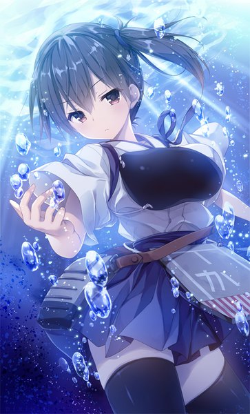 Anime picture 606x1000 with kantai collection kaga aircraft carrier konomi (kino konomi) single long hair tall image looking at viewer fringe hair between eyes brown eyes outstretched arm side ponytail underwater asymmetrical hair girl thighhighs black thighhighs water bubble (bubbles)