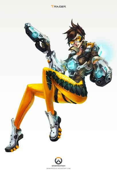 Anime picture 2384x3508 with overwatch blizzard entertainment tracer (overwatch) monori rogue single tall image looking at viewer highres short hair simple background smile brown hair white background holding yellow eyes lips girl weapon gun bodysuit