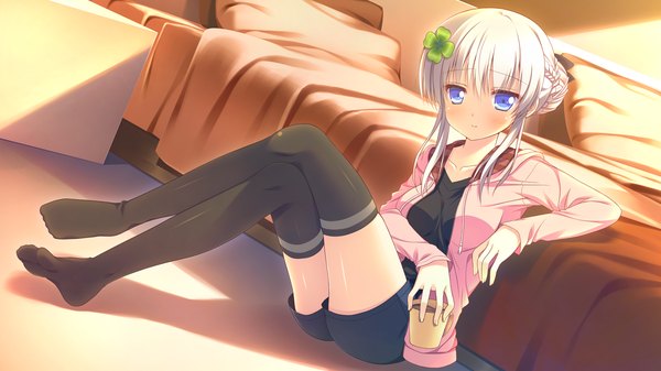 Anime picture 1280x720 with clover day's single long hair looking at viewer blush blue eyes wide image sitting game cg white hair crossed legs girl thighhighs black thighhighs shorts bed