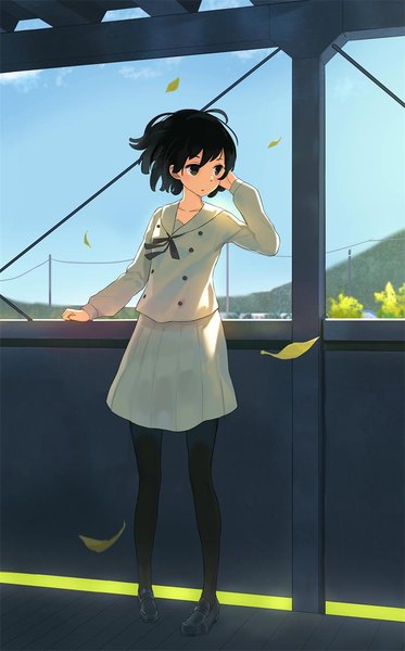 Anime picture 743x1194 with kokoro ga sakebitagatterunda. a-1 pictures naruse jun lamase (41) single tall image blush fringe short hair black hair standing looking away sky cloud (clouds) full body ahoge parted lips pleated skirt wind black eyes