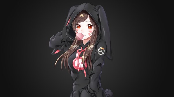 Anime picture 3840x2160 with overwatch blizzard entertainment d.va (overwatch) assassinwarrior ubi (ekdus6080) single long hair looking at viewer highres simple background smile brown hair wide image standing brown eyes animal ears absurdres upper body tail animal tail