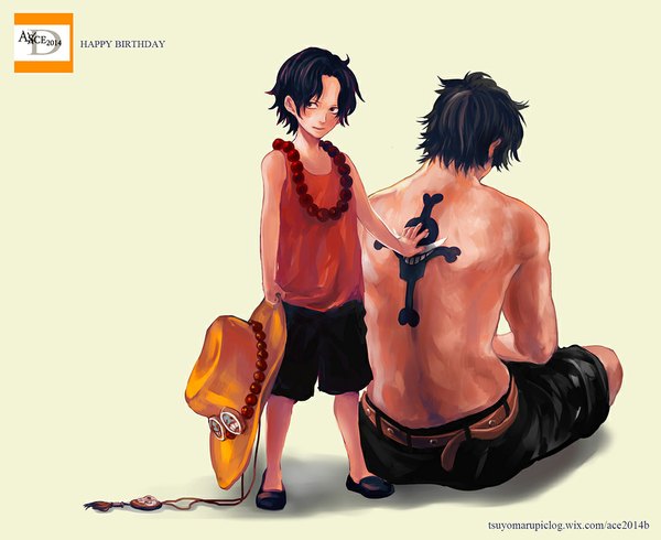Anime picture 1056x864 with one piece toei animation portgas d. ace tsuyomaru short hair black hair simple background sitting signed looking away from behind black eyes inscription tattoo back topless yellow background happy birthday dual persona alternate age